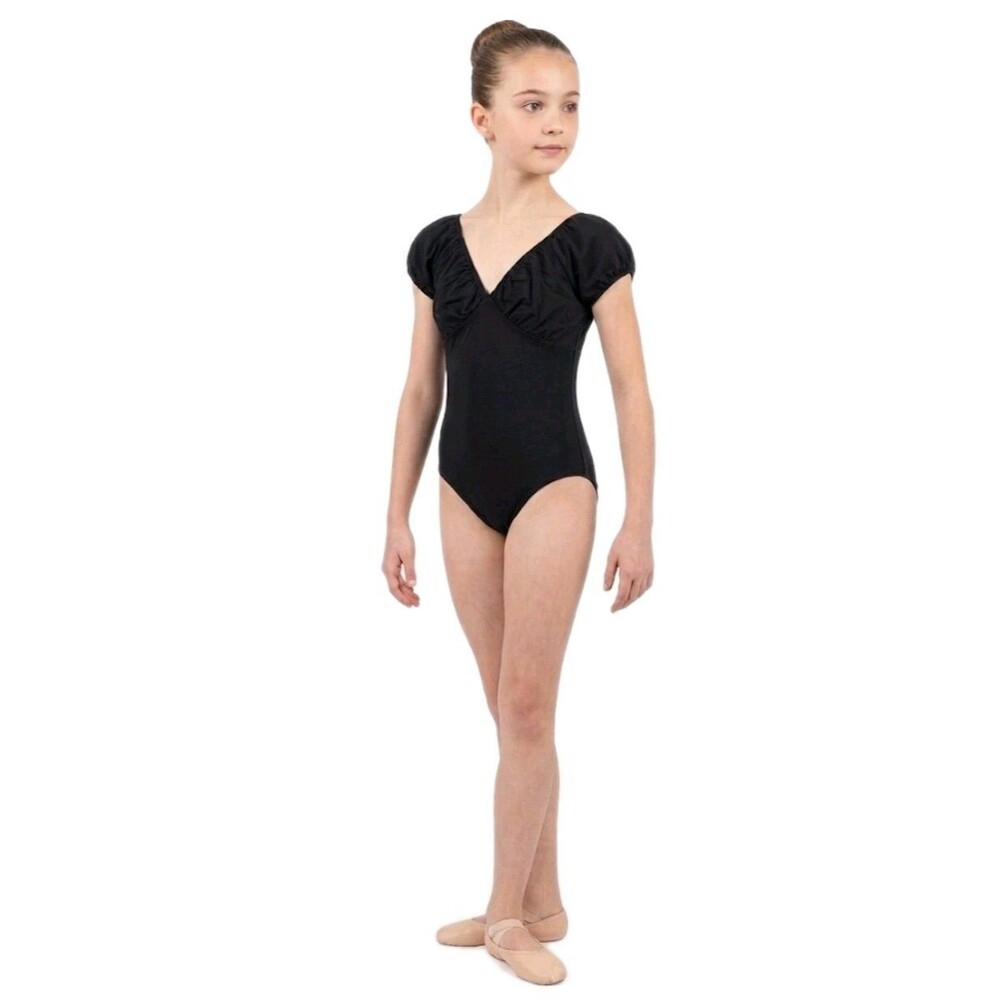 DanceTech Black Puff Sleeve Vneck Dance Leotard Heavy Shirring Girls Youth